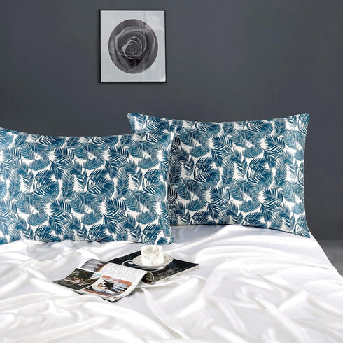 ZIMASILK 100% Pure Mulberry Silk Pillowcase for Hair and Skin Health,Both Sides 19 Momme Silk Floral Print,1pc(Queen 20''x30'',Blue Leaves)...