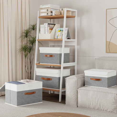 Yawinhe Storage Boxes with Lids, Linen Fabric Bin, Cube Organizer Basket, Washable and Leather Handle, for Home, Closet, White/Grey, 15.0''Lx9.8''...