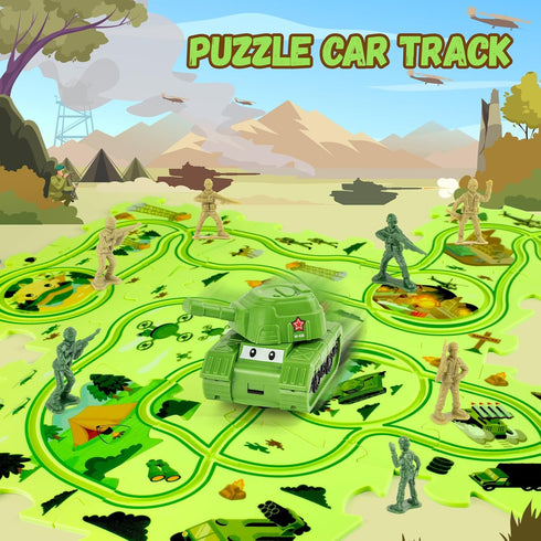 Toy Puzzle Track wiht Army Figures Race Car for Kids Age 3-5, Plastic Puzzle Track Toy Tank Vehicle, Car Tracks for Toddlers 4 5 6 7 Year Old, Mil...