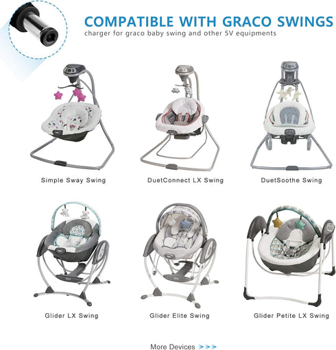 PwrON 5V Replacement Graco Swing Power Cord Compatible with Graco Simple Sway, Graco Glider LX/Elite/Premier/Petite LX; Sweetpeace, DuetSoothe, Du...