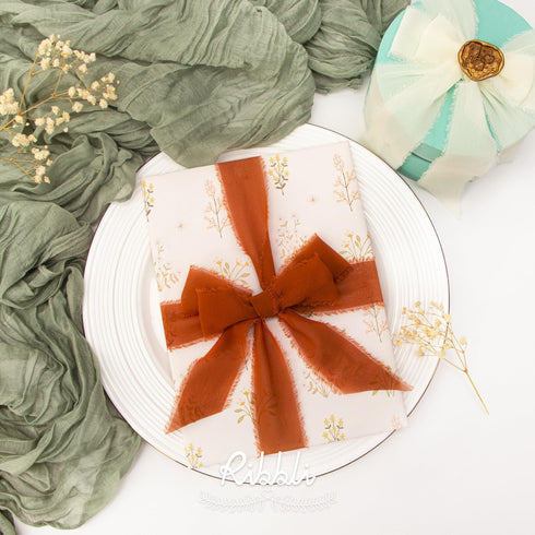 Ribbli Chiffon Ribbon 1.5 inch x 30 Yard Handmade Silk Ribbon,Ivory/Dusty Sage/Terracotta Fringe Chiffon Fall Ribbon for Wedding Invitations, Brid...