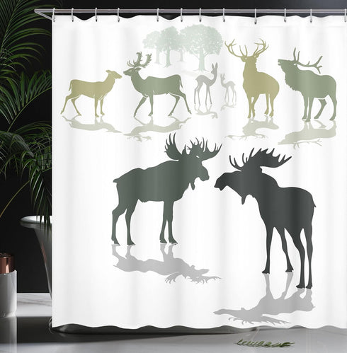 Ambesonne Antlers Shower Curtain, Elk Deer and Fawn Silhouette Forest at The Background World Natural Habitat Theme, Cloth Fabric Bathroom Decor S...