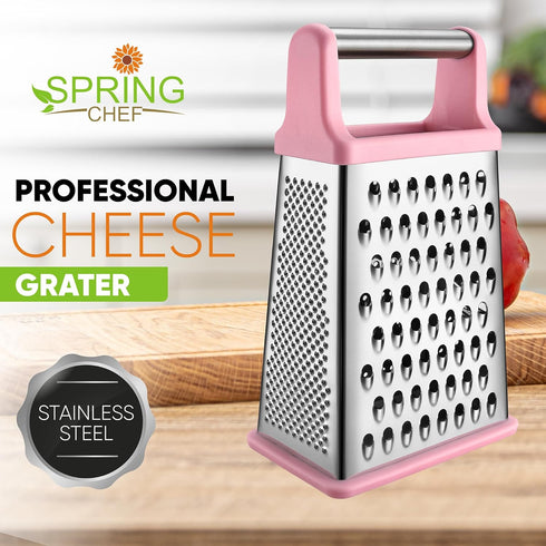 Spring Chef Professional Stainless Steel XL Parmesan Cheese Grater with Handle - 4 Sided Box Grater for Kitchen - Dishwasher Safe Carrot Shredder ...