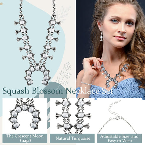 Henoyso 4 Pcs Bohemian Squash Blossom Turquoise Western Jewelry Set Vintage Metal Howlite Necklace Earrings Wrist Chain Ring for Women (White Turq...