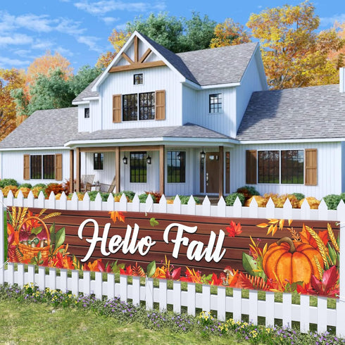 Probsin Happy Fall Banner 120"x 20" Decorations Outdoor Thanksgiving Decor Autumn Party Supplies Wooden Hello Fall Pumpkin Mushroom Harvest Welcom...