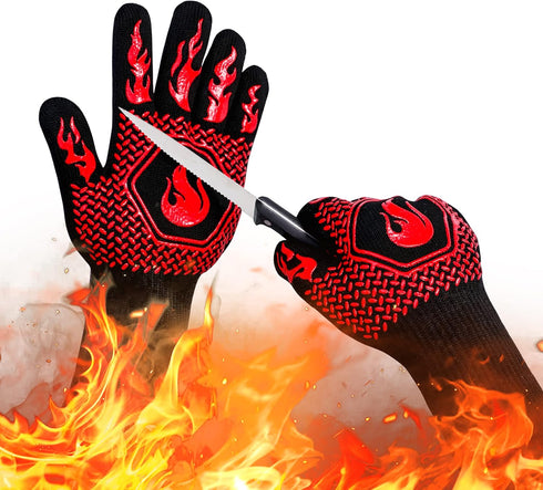 BBQ Fireproof Gloves, Grill Cut-Resistant Gloves 1472°F Heat Resistant Gloves, Non-Slip Silicone Oven Gloves, Kitchen Safe Cooking Gloves for Oven...