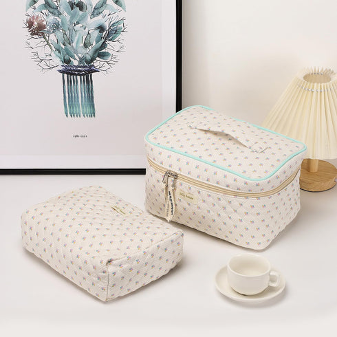 Cotton Makeup Bag, Quilted Cosmetic Bag with Handle Large Capacity Travel Toiletry Bag for Women Cute Aesthetic Floral Makeup Bag (Beige)...