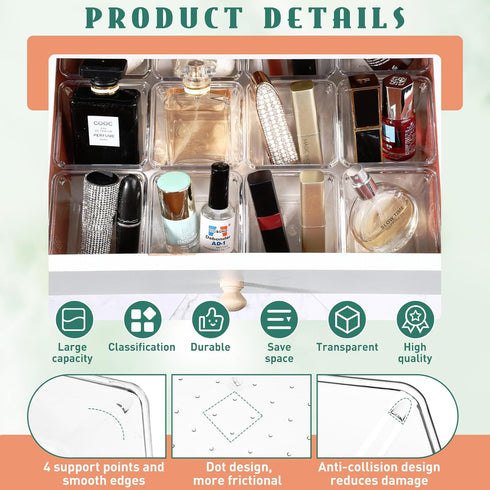 Tioncy 8 Pcs Clear Drawer Organizers 3" x 3" x 2" Stackable Small Makeup Vanity Storage Bins Small Desk Drawer Organization Clear Container Divide...