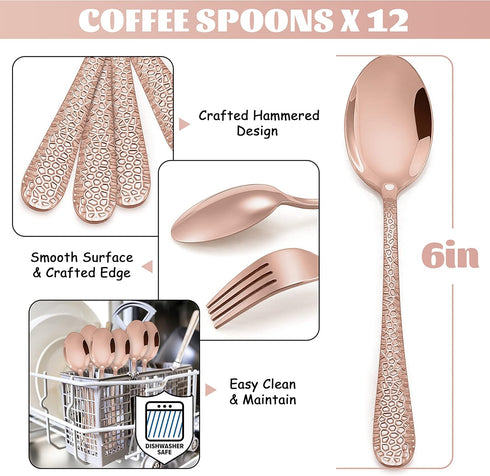 E-far 12-Piece Copper Coffee Spoons, 6-Inch Stainless Steel Espresso Spoons, Small Metal Spoons for Coffer/Sugar/Tea, Hammered Design & Rust Free,...