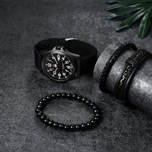 Avaner Men's Bracelet Watch Set, 4 Pcs Wrist Watch Bracelet Set, Military Nylon Strap Quartz Watch Black Leather Bracelets Set for Men...