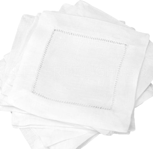 CleverDelights 6" White Cotton Hemstitch Cocktail Napkins - 12 Pack - 100% Cotton...