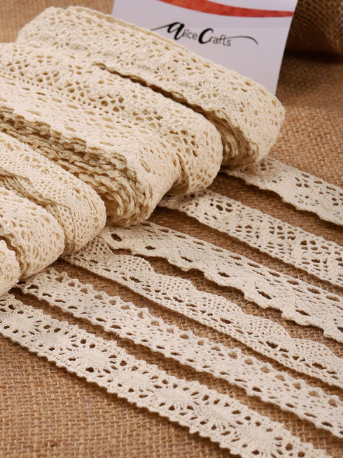 0.78 inches by 30 yards Beige Cotton Ribbon Lace Trim for Sewing and Gift Wrapping 6 Rolls by Alice Crafts | 6 Rolls x 5 yards each, Set of 6 Asso...