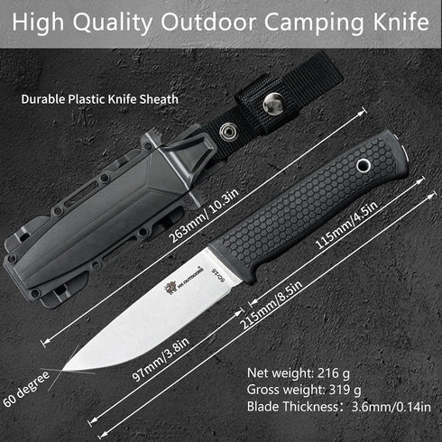 HX OUTDOORS Full Tang Camping Knife, 5CR15 MOV Stainless Steel Fixed Blade Survival Bushcraft Knife with Plastic Sheath (Black)...