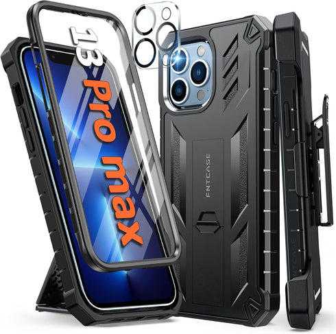 FNTCASE for iPhone 13 Pro-Max Case: Military Grade Shockproof Full Protective Rugged Cell Phone Cover with Kickstand & Belt-Clip Holster, Drop Pro...