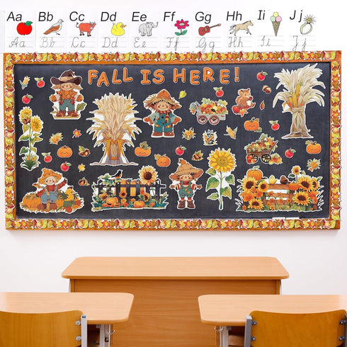 165 Pcs Fall Bulletin Board Decor Sets Harvest Thanksgiving Classroom Bulletin Board Maple Leaves Borders Corn Haystack Scarecrows Fence Cutouts f...