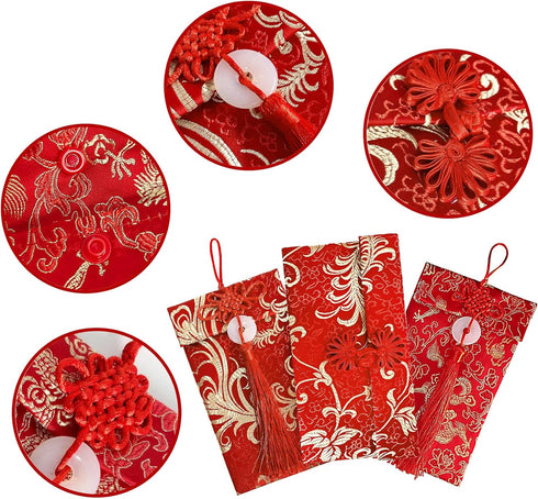 3 pcs Embroidered Red Envelopes, UNIIDECO Chinese Lunar New Year Lai Si Envelope Honhbao, Angpao Gift Wrap Bags Red Lucky Money Pockets for Spring...