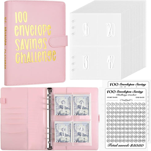 100 Envelopes Money Saving Challenge Binder, Easy and Fun Way to Save $5,050, A5 Budget Book with Cash Envelopes Kit,Pink,Gold...