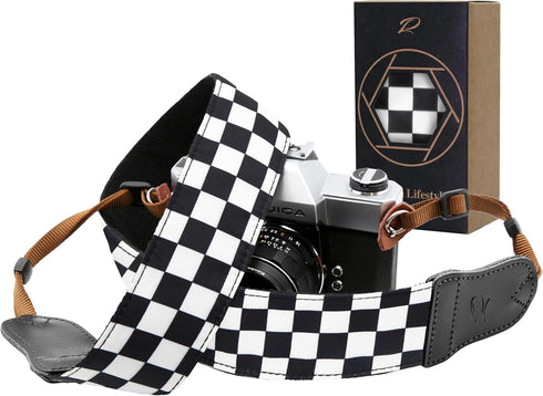 Padwa Lifestyle Black and White Plaid Camera Strap - 2" Wide Double Layer Cowhide Head,Cotton Camera Shoulder Straps,Grid Pattern Adjustable Camer...