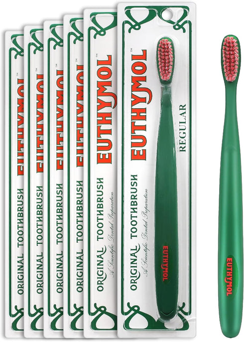 Euthymol Toothbrush (Regular, 6 Count) - Standard-Sized, Curved Soft Bristles for Sensitive Teeth, Gums. Effective, Gentle Cleaning for Entire Fam...