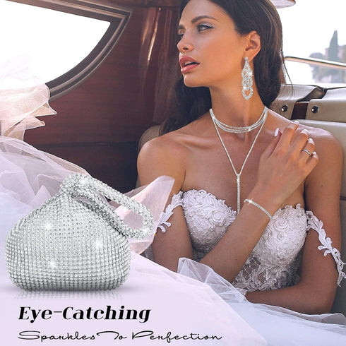 Meanplan Silver Bling Clutch Purse Rhinestone Jewelry Set 4 Pieces Crystal Dangle Fringe Earrings Bridal Wedding Choker Necklace Bracelet and Even...