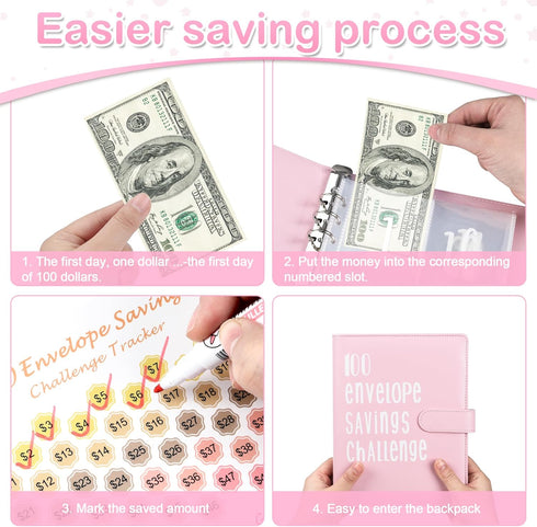 100 Envelope Challenge Binder, A5 Savings Binder with Cash Envelopes for Fun and Easy Savings $5,050 (Pink)...