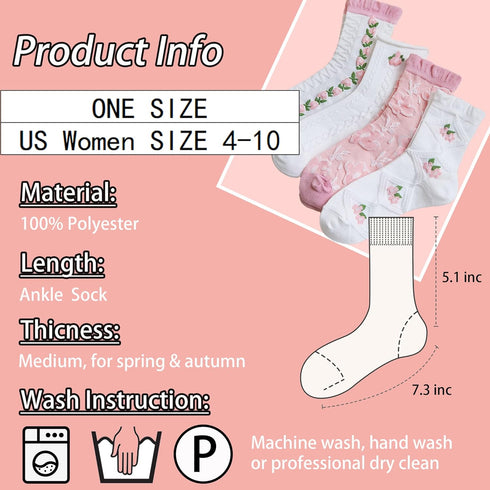 Cute Pink White Floral Women Ankle Sock Stripe Lettuce Trim Knitted Comfy Embroidered Girl Sock Gift 4 & More Pairs...