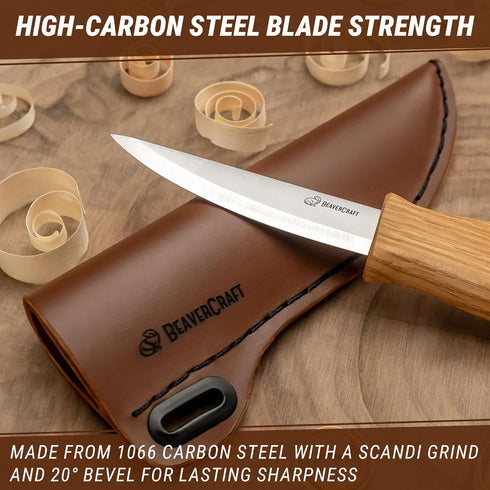 BeaverCraft Wood Carving Sloyd Knife C4s 3" - Whittling Knife with Leather Sheath for Carvers - Chip Wood Carving Tools for Beginner and Profi...