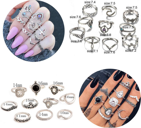 LOYALLOOK 132PCS Bohemia Knuckle Ring Set Women Hollow Silver Fashion Finger Rings Vintage Stackable Knuckle Midi Rings Set...