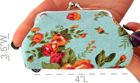 Home-X Canvas Coin Pouch Clasp Closure, Rose Pattern, Floral Coin Purse, Keys Wallet, Round-Blue (4" L x 3.5" H)...