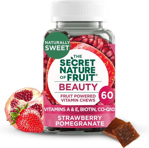 The Secret Nature of Fruit Beauty Chews, Real Fruit Powered Vitamin Chews with Vitamins A & E, Biotin, CoQ10, Strawberry & Pomegranate for Healthy...
