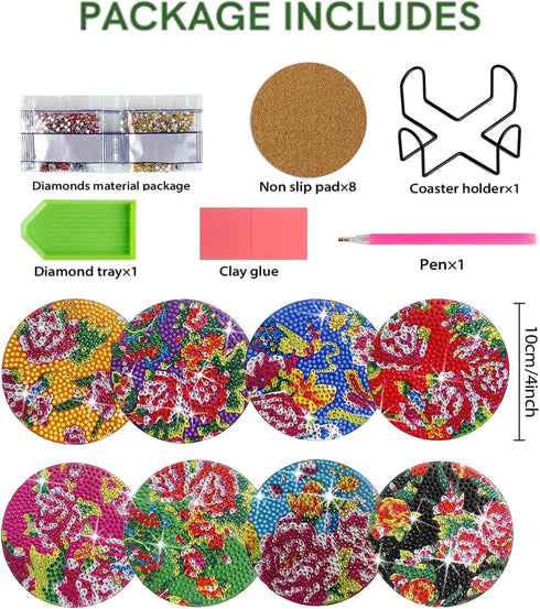 8 Pcs Diamond Art Painting Coasters with Holder,Chinese Traditional Northeast Flower Diamond Art Kits,DIY Diamond Art Painting Kits for Beginners,...