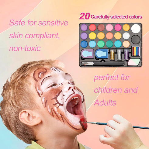 Maydear Face Painting Kit for Kids - 20 Colors Water Based Makeup Palette with Stencils, Glitters, Rainbow Split Cake, Hair Dye Clips, for Parties...