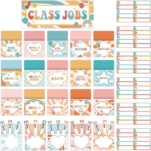 ZOiiWA 81pcs Groovy Class Jobs Bulletin Board Hippie Themed Classroom Jobs Pocket Chart Set Teacher's Helper Chalkboard Decor Classroom Bulletin B...