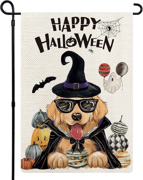 Golden Retriever Happy Halloween Garden Flags for Outside, Halloween Witch Hat Dog Garden Flag, Burlap Holiday Dog Welcome Yard Flag 12x18 Inch Do...