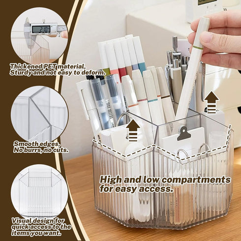 Clear Rotating Pen Holder 5 Compartments, 360 Degree Spinning Desk Organizer, Office Marker Crayon Organizer Storage, Pencil Cup Caddy for Art Sup...