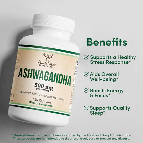 Ashwagandha Capsules, 120 Count (500mg Extract 20:1 Potency, Equivalent to 10,000mg Powder) Adaptogen Stress Relief by Double Wood...
