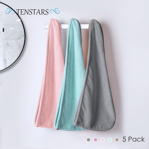 5 Pack Thicken Microfiber Hair Towel Wrap for Women - ELASTIC LOOP DESIGN - 320GSM Coral Velvet - Quick Dry Hair Turban - 11x28 Inch (Grey+Pink+Br...
