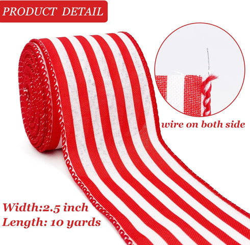 Ribbon Wired,2 1/2”x10 Yard,Red White Stripe Ribbon for Easter, Christmas, Wreath, Spring,Independence Day. Summer, Wedding, Baby Shower, Birthday...