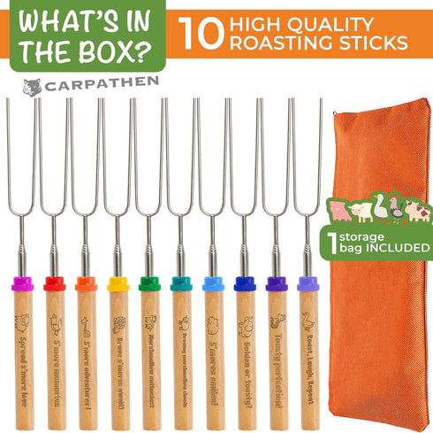 CARPATHEN Marshmallow Roasting Sticks Campfire - Set of 10pcs Smores Sticks With Beautifully Engraved Handles - Perfect as a 4h of July Gift - Tel...
