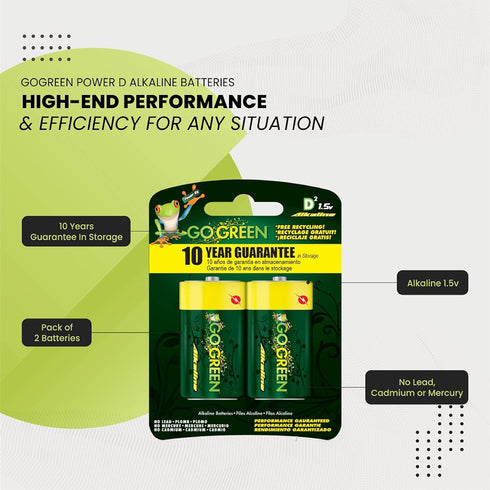 GoGreen Power (24004) Eco Friendly Alkaline D Batteries - No Lead, Cadmium or Mercury - Pack of 2...