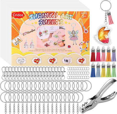 cridoz 162 Shrinky Sheets Keychain kit, Including 20 Sheets Shrinky Plastic Paper, Tassels, Keychain Clip, Split Key Rings, Key Rings with Chain, ...