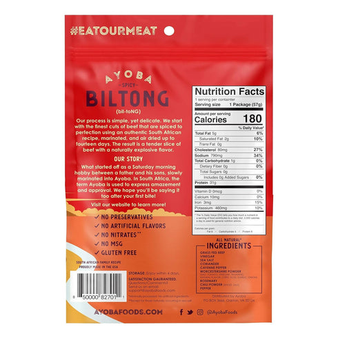 Ayoba Spicy Grass Fed Beef Biltong Slices (2 Ounce, Pack of 3) - Keto Friendly Air-Dried Grass Fed Beef Paleo Snacks - Gluten Free, Whole 30 Appro...