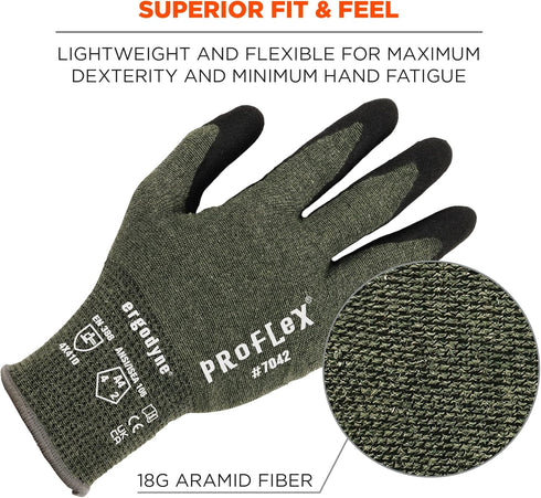 Ergodyne ProFlex 7042 Cut Resistant Work Gloves, ANSI A4, Contact Heat Resistant, Sandy Nitrile Coated Palms, 18g Aramid , Green...