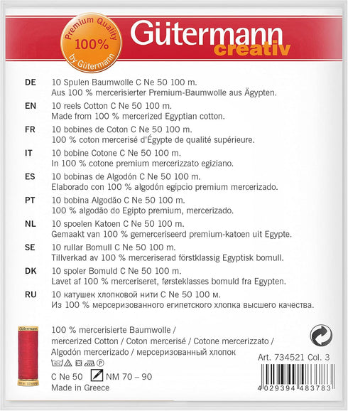 Gutermann 734521-3 Thread Set Natural Cotton 50 100m/10 reels, Col 2 Assorted...