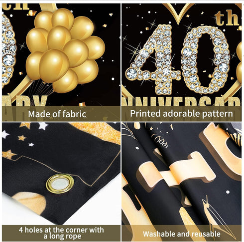 Happy 40th Anniversary Banner Backdrop Decorations, Large Wedding Background Sign Decor, Black Gold 40 Year Photography Photo Props Party Supplies...