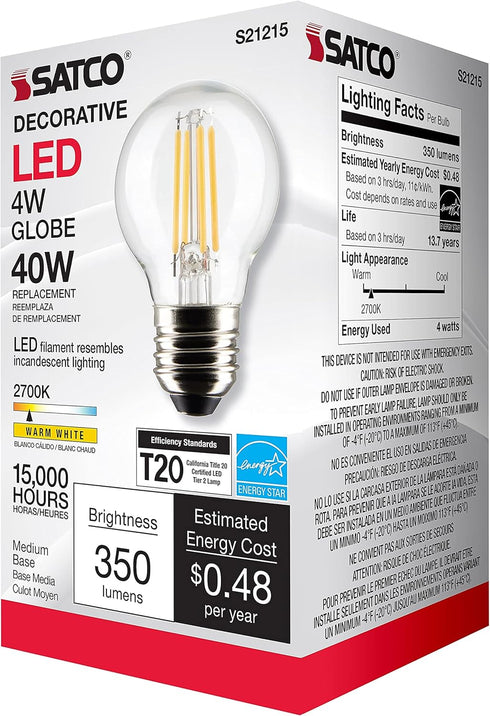 Satco 4-Watt LED E26 Light Bulb, 2700K, 15000 Hour Rating, Dimmable...