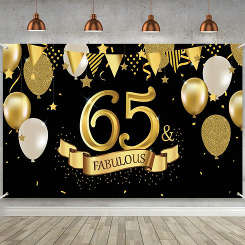 65th Birthday Black Gold Party Decoration, Large Fabric Black Gold Sign Poster for 65th Anniversary Backdrop Banner, 65th Birthday Party Supply Ph...