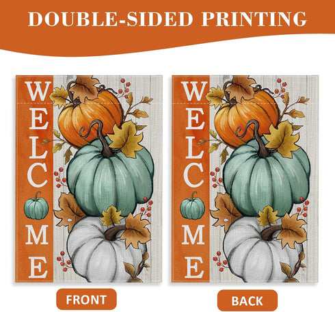 Welcome Fall Pumpkins Decorative Garden Flag, Autumn White Teal Pumpkin Farmhouse Yard Outside Decorations, Thanksgiving Seasonal Burlap Outdoor S...