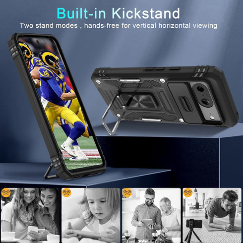 DEERLAMN for Google Pixel 8 Case with Slide Camera Cover+Screen Protector (1 Pack), Rotated Ring Kickstand Military Grade Shockproof Heavy Duty Pr...