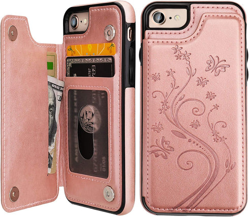 Vaburs Wallet Case for iPhone SE(2022) 5G/SE(2020)/7/8 with Card Holder, Embossed Butterfly Premium PU Leather Double Magnetic Buttons Flip Shockp...